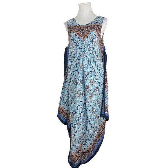 ZOZO Women's NWT‎ Blue Bohemian Aztec Silk Asymmetrical Maxi Dress L/C46/L51 - Picture 2 of 10